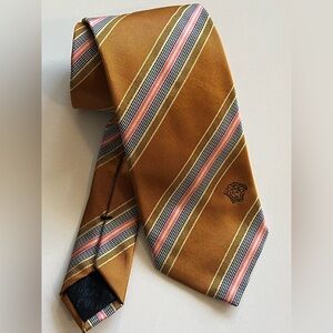 Versace Gold and Pink Striped Medusa Motif Men's 100% Silk Tie